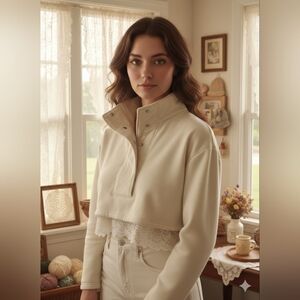 Bobble & Lace Cream Fleece Cropped Pullover